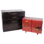 A red lacquered Japanese table-top jewellery box, box opens to reveal 4 compartments, on