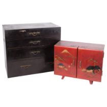 A red lacquered Japanese table-top jewellery box, box opens to reveal 4 compartments, on