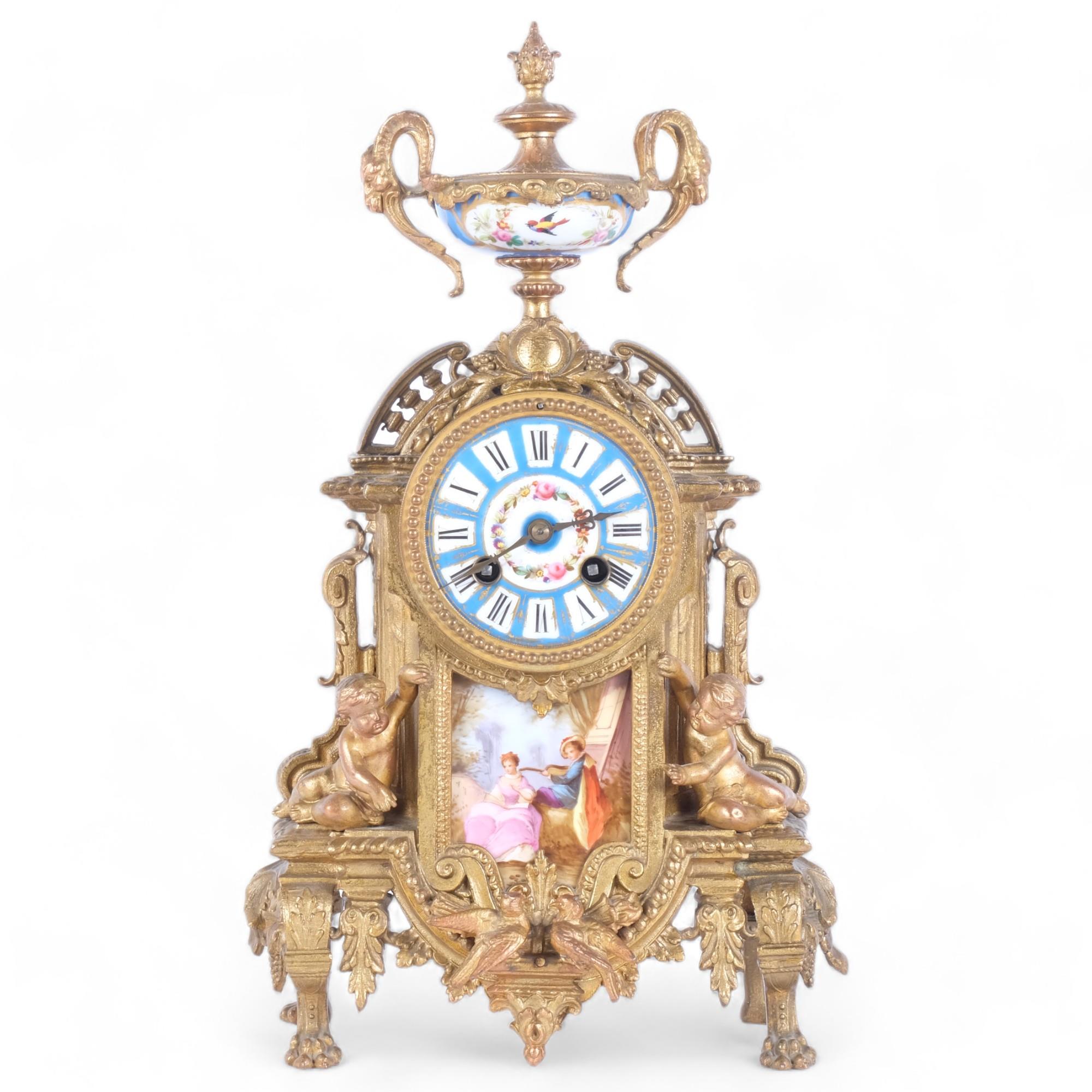 A 19th century French gilt-metal mantel clock, 8-day striking movement, with painted dial and