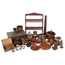 A box of miscellaneous items, including an Arts and Crafts brass jardiniere, Bohemian overlay