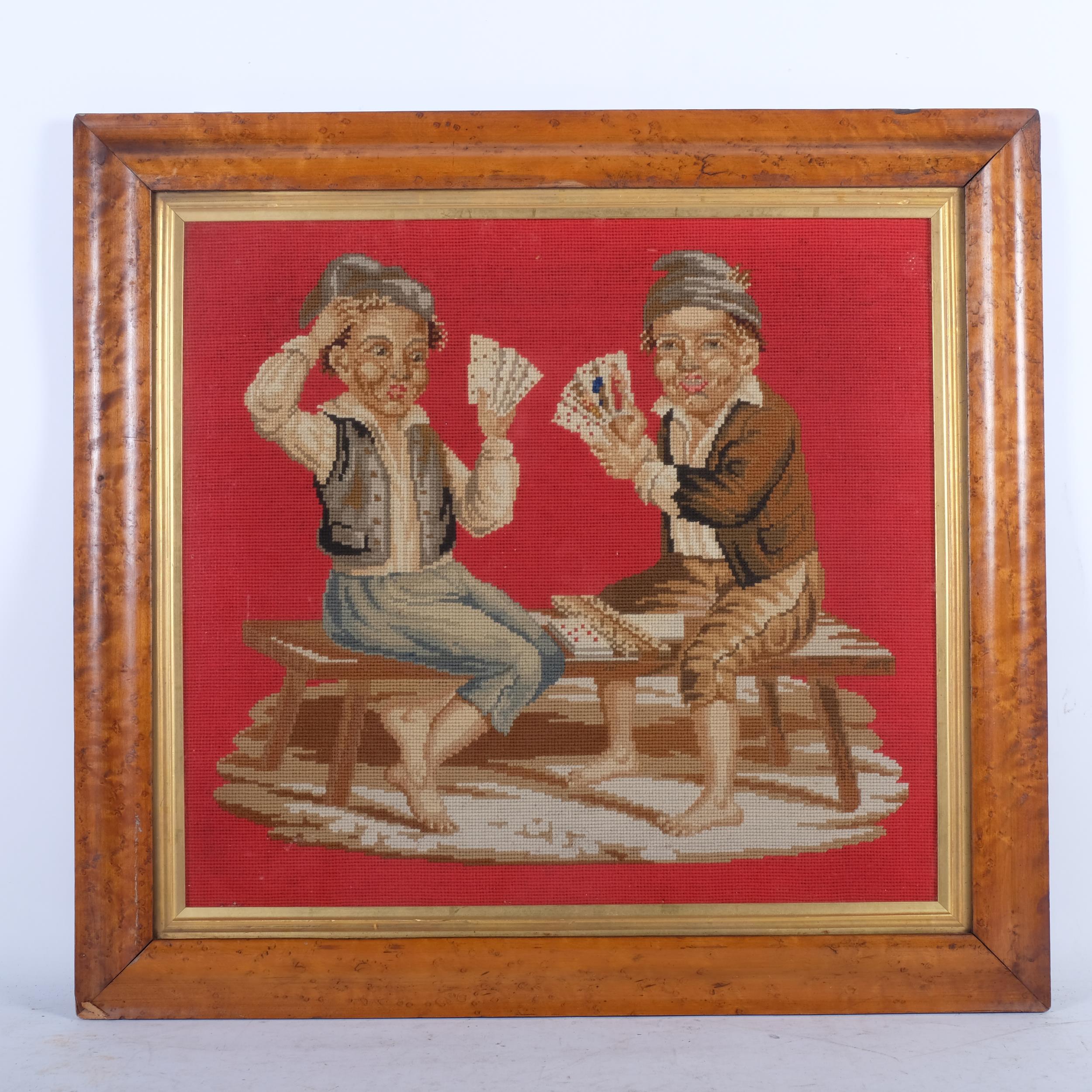 A pair of Victorian maple-framed cross-stitch pictures, boys playing cards, and 2 musicians, 51cm - Image 2 of 2