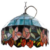 A leadlight Tiffany style ceiling light shade, with floral frieze, diameter 38cm