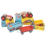 CORGI TOYS - model no. 53, Massey-Ferguson 65 tractor with shovel, model no. 101 platform trailer,