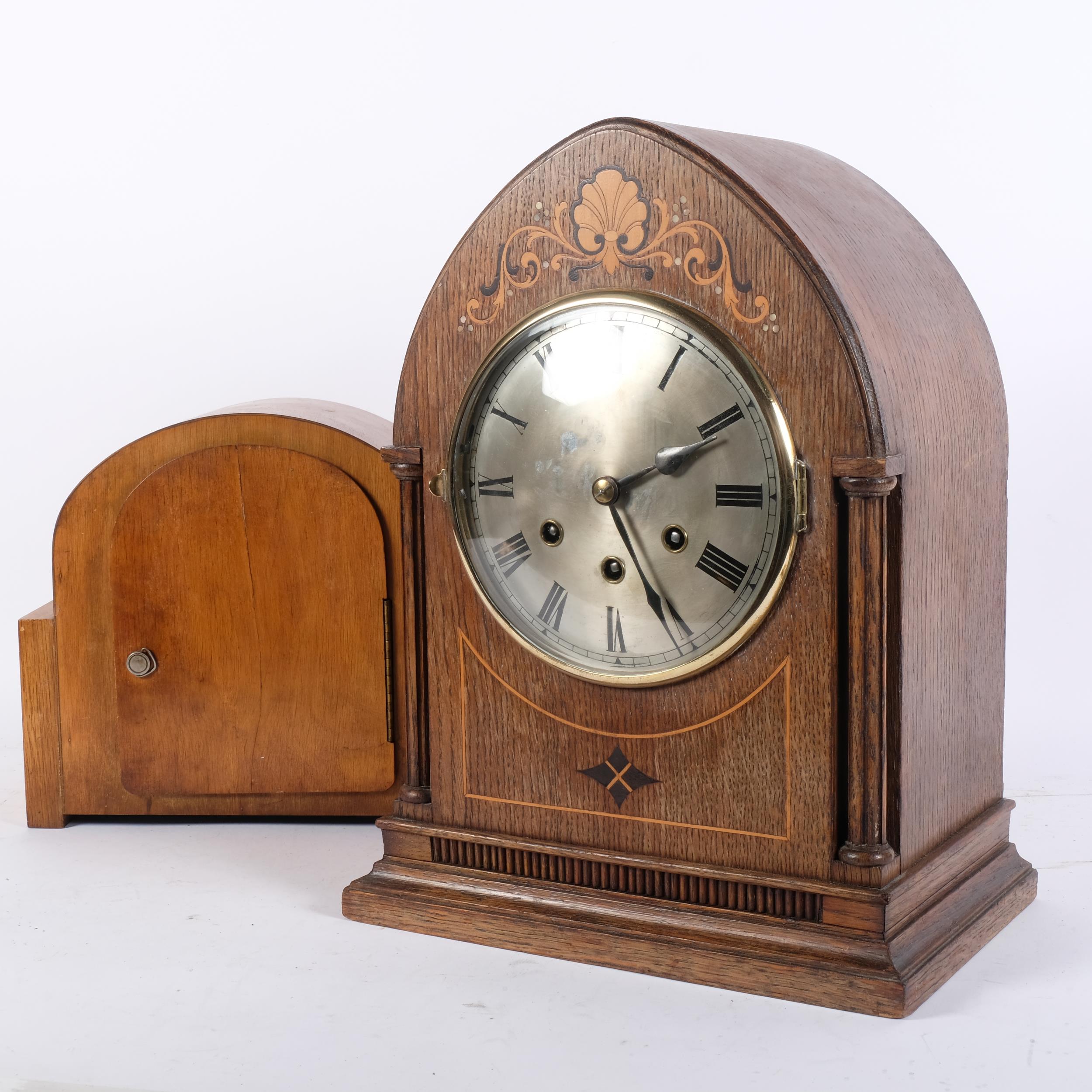 An oak-cased lancet-top inlaid oak mantel clock with 3-train movement, 36cm, and an Art Deco - Image 2 of 2