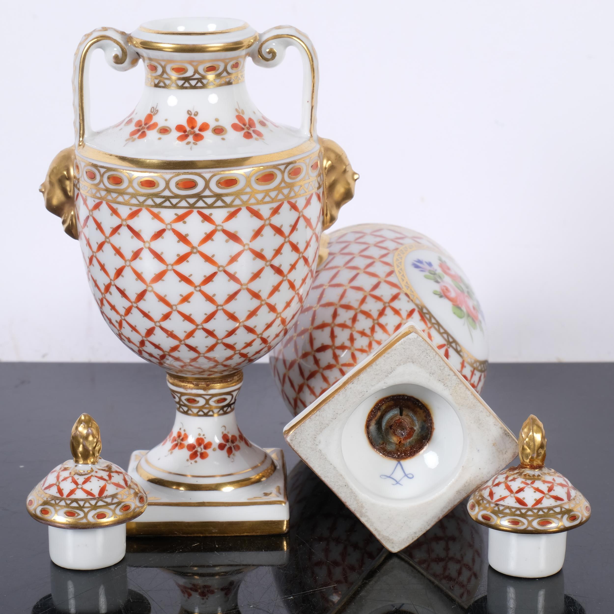 A pair of Antique Sevres porcelain urns and covers, H16.5cm, with impressed mark to the underside - Image 2 of 2