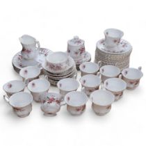 Royal Albert Lavender Rose pattern teaware, including preserve pot, and matching dessert plates