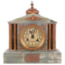 A green onyx and gilt-metal architectural style mantel clock, H36cm