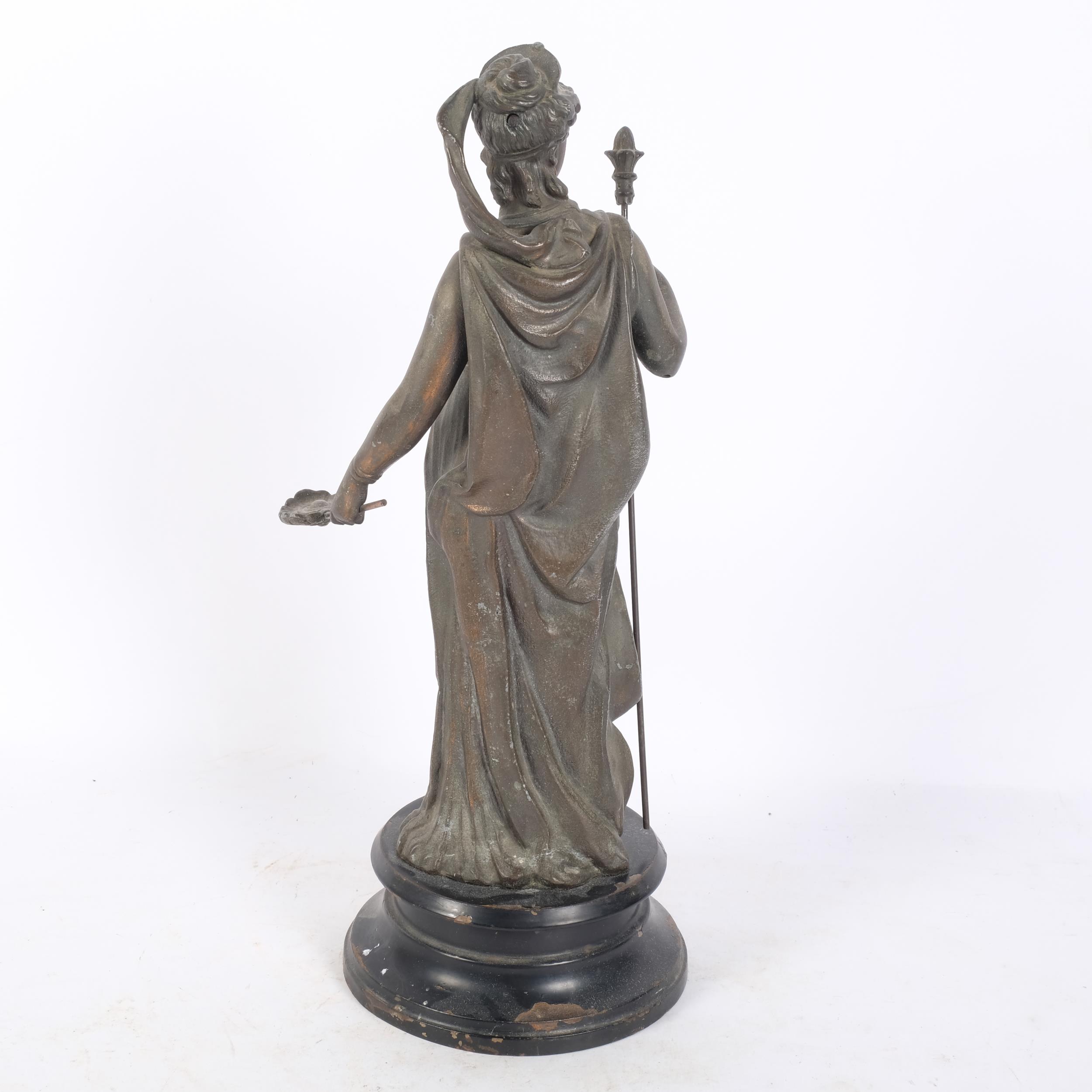 A patinated spelter figure of a Grecian lady, on a painted black metal stand, H35cm - Image 2 of 2