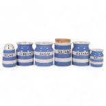 T G Green Cornishware kitchen storage jars, sugar caster, 12.5cm, with black shield backstamps