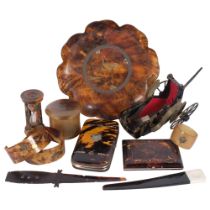 A Shibayama decorated dish, a Victorian tortoiseshell note case, a spectacle case, a tartan
