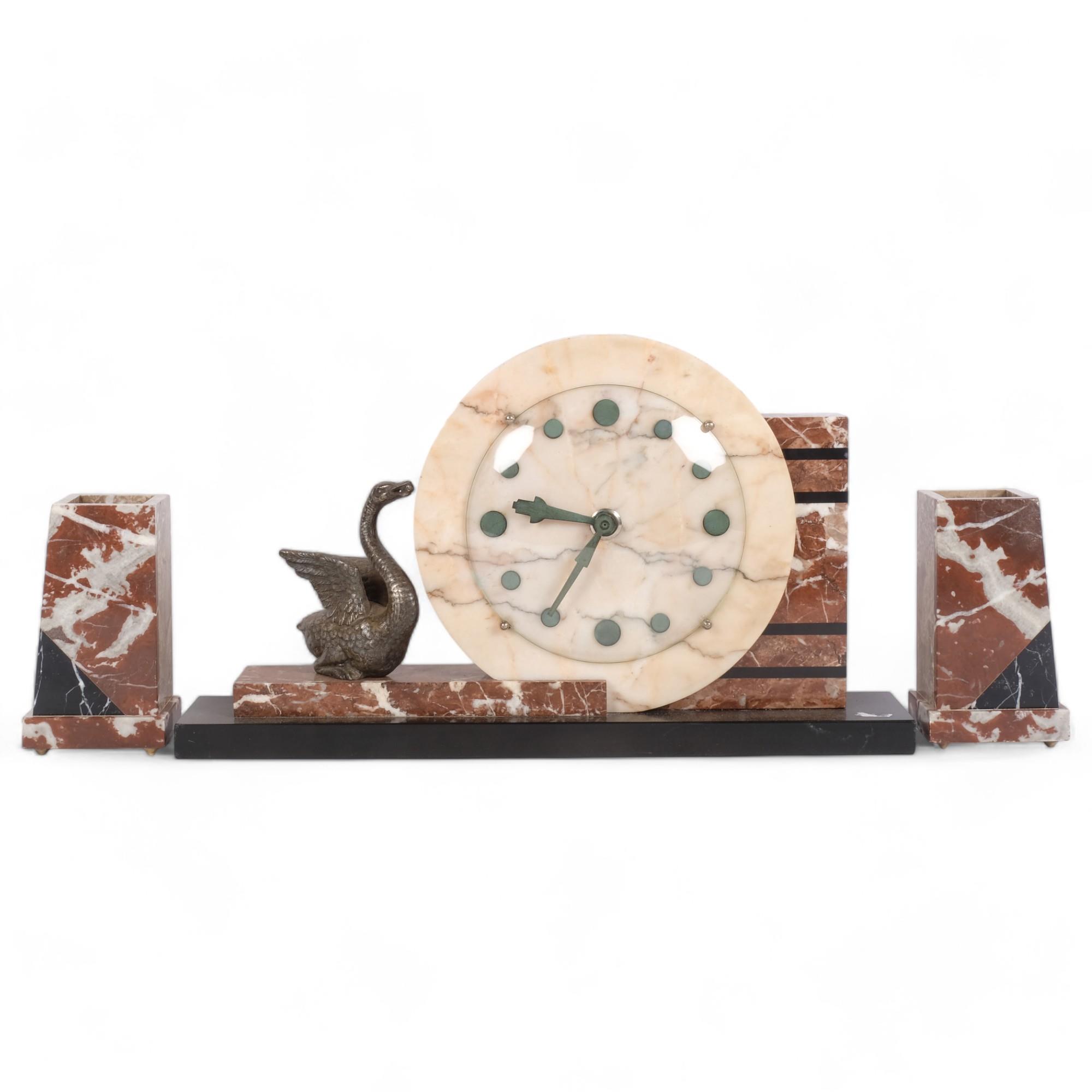 Continental Art Deco coloured marble clock garniture, with spelter swan figure, clock height 24cm