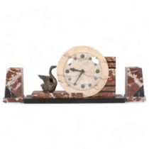 Continental Art Deco coloured marble clock garniture, with spelter swan figure, clock height 24cm