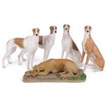 A Teviotdale reclining Greyhound, 2 Border Fine Arts seated Greyhounds, H16.5cm, and 2 others