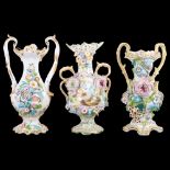 2 similar 19th century flower encrusted vases, and another 2-handled vase, H26cm (A/F)