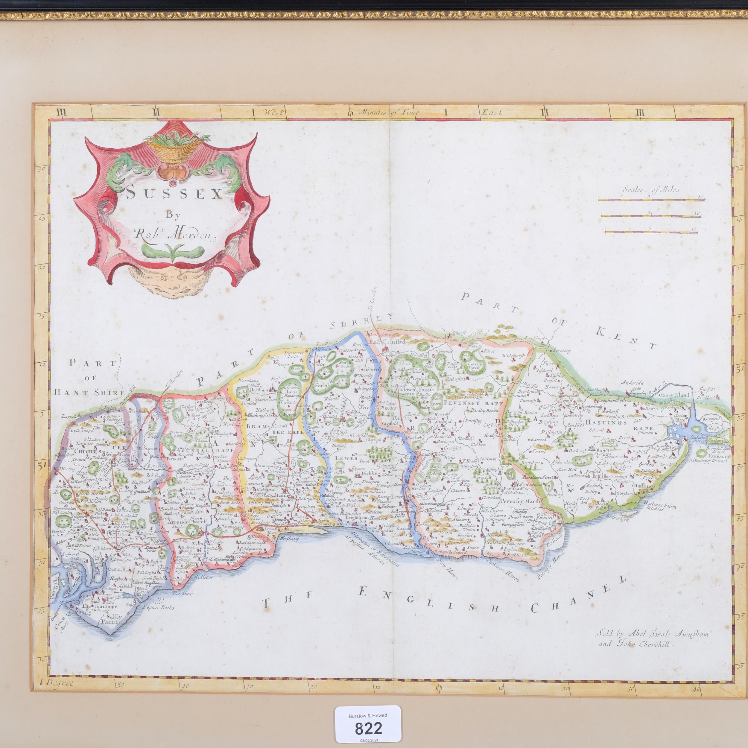 Antique hand coloured map of Sussex by Robert Morden, Hogarth frame, 49cm x 56cm - Image 2 of 2
