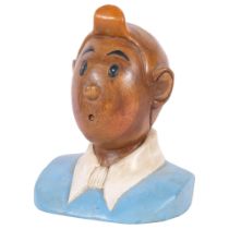 A carved and painted wooden bust of Tin Tin, H25cm