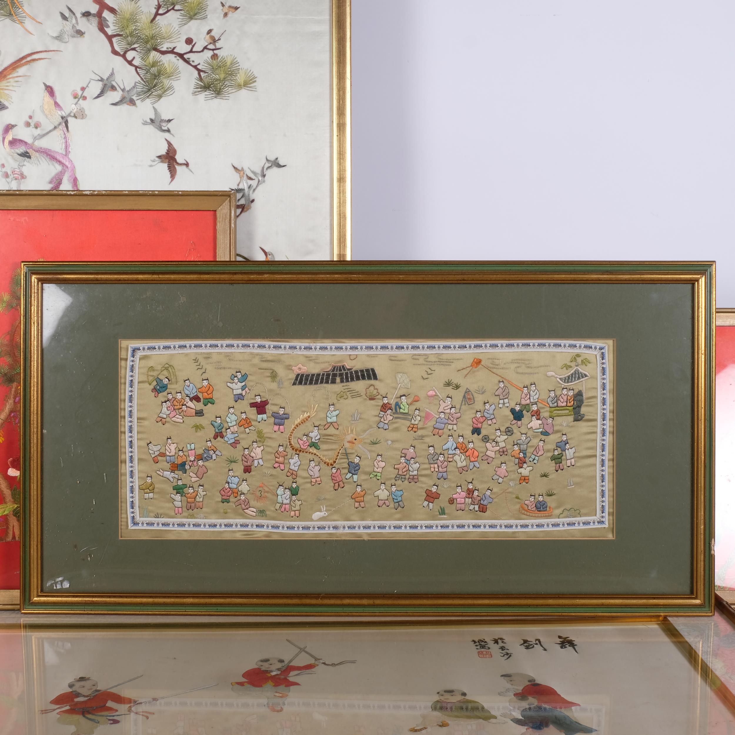 A group of Oriental silk needlework pictures, 1 depicting birds of paradise, another depicting - Image 2 of 2