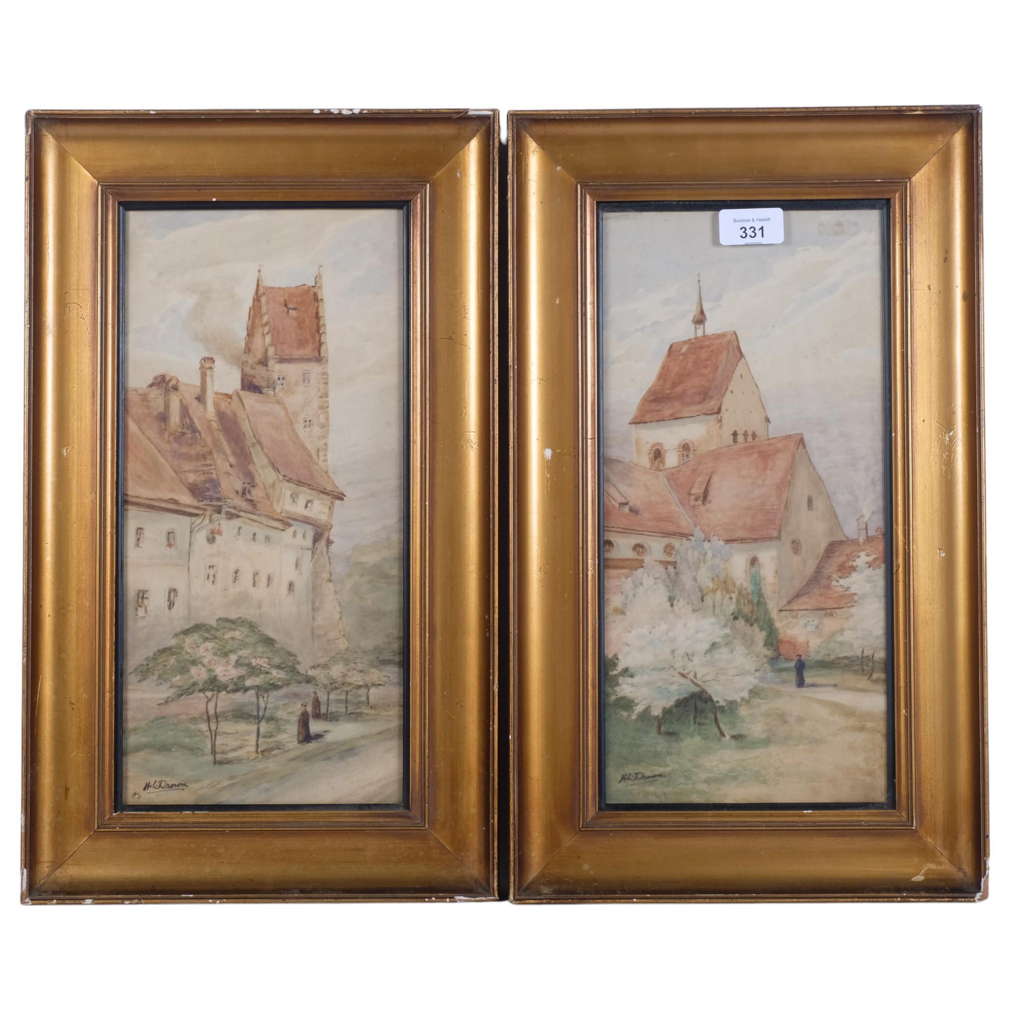 A pair of watercolours, study of Continental monasteries, 47cm x 28cm overall, framed, signed