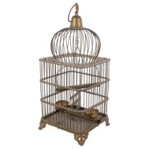An Antique brass bird cage table-top style with hanging bracket, H58cm