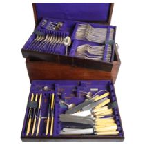 HENRY HOBSON & SONS - a part canteen of bead-edge plated cutlery, in an oak fitted canteen box