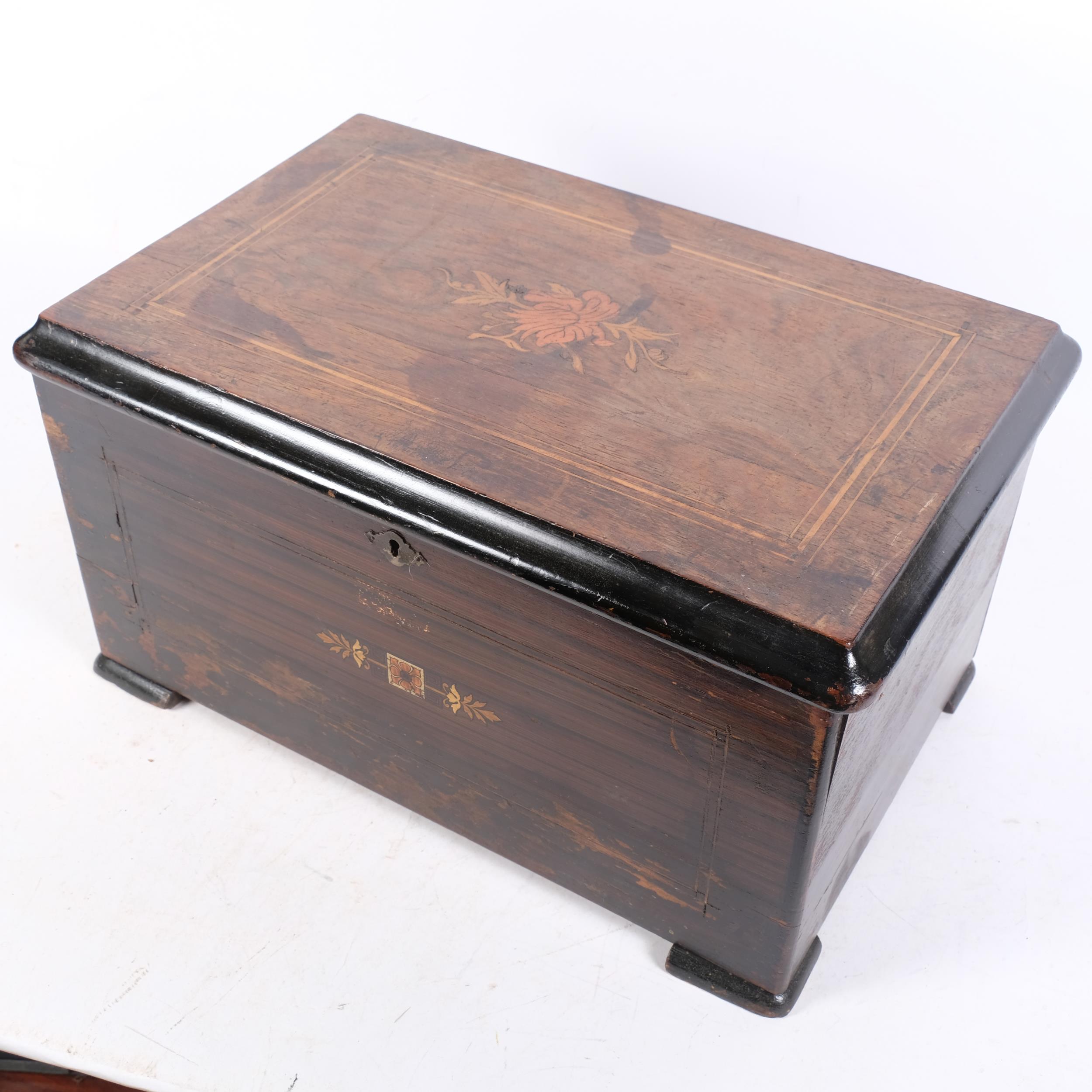 An Antique Swiss rosewood and marquetry music box, 15cm cylinder playing a total of 8 airs on 1 - Image 2 of 2