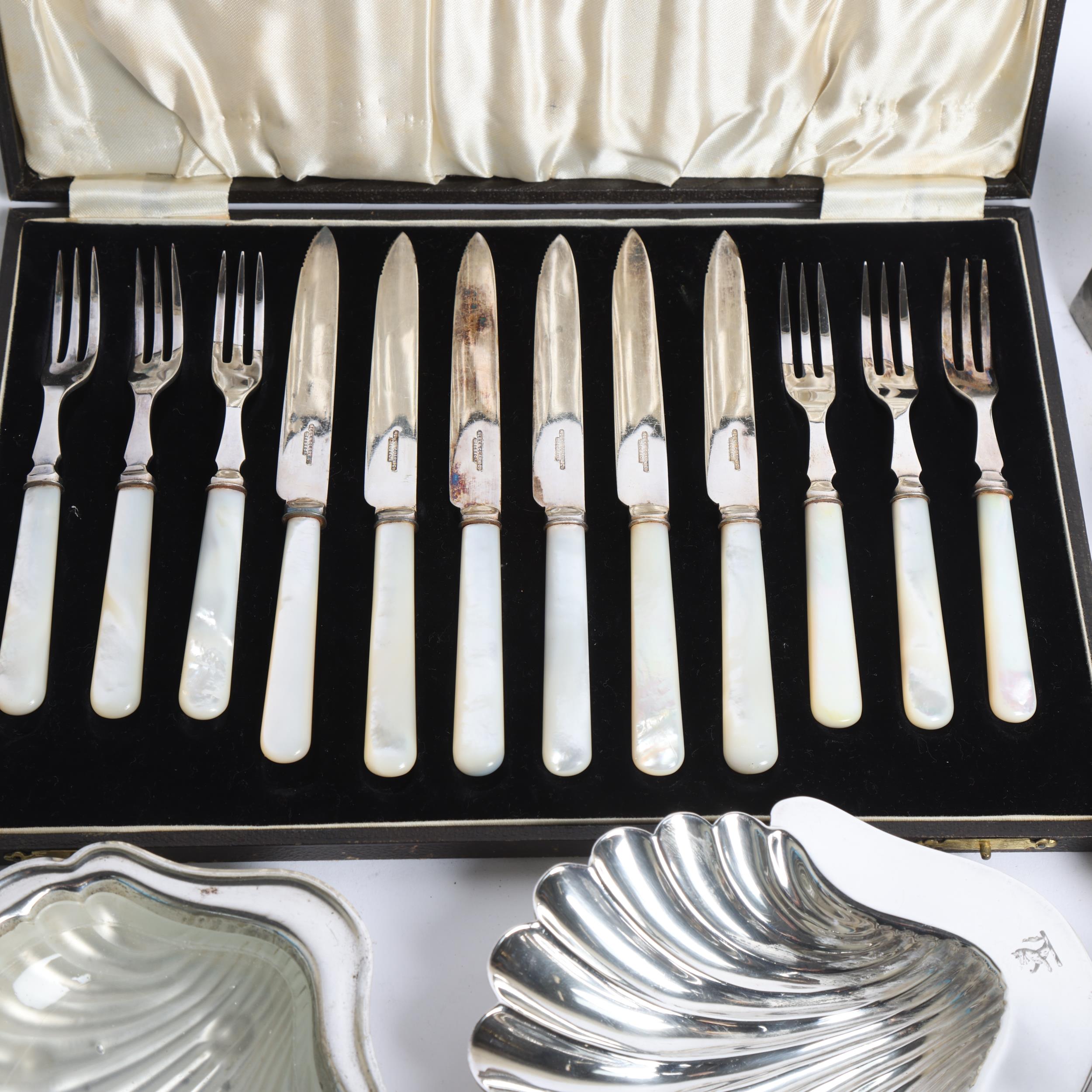 A collection of various plated wear, including cased set of 6 mother-of-pearl handled knives and - Image 2 of 2