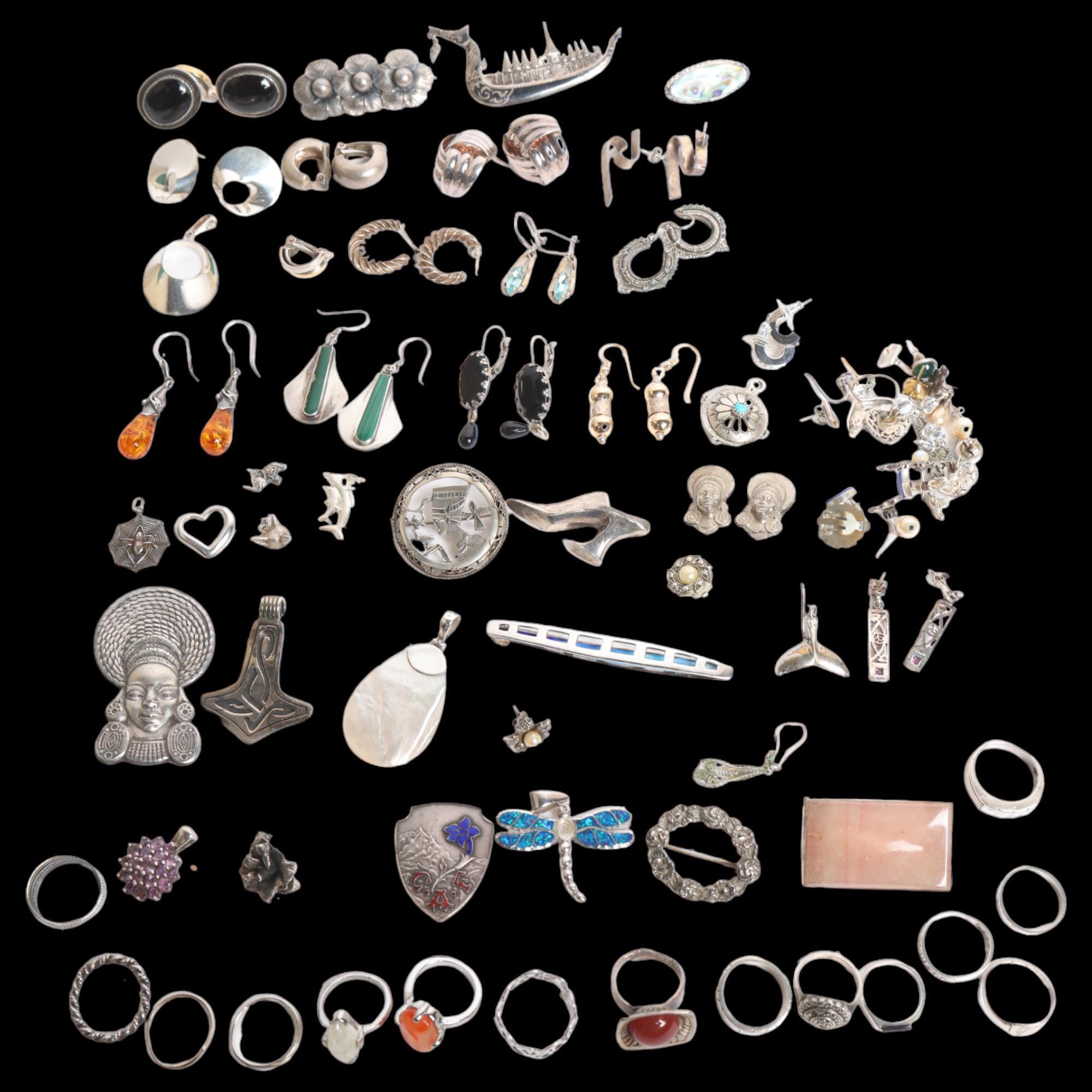 A collection of various silver and other costume jewellery, including stone set and other rings,