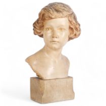 Vintage painted plaster sculpture, bust of a young girl on plinth, H37.5cm
