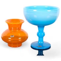 2 pieces of Boda Swedish glass, designed by Erik Hoglund, comprising a blue pedestal comport, H16.