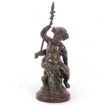 After Claude Michel Clodin (France), study of a bronze putti on circular red marble stand, H25cm