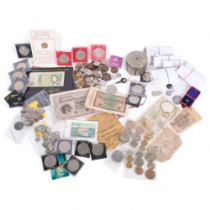 British pre-decimal coins, foreign coins, a Midland Bank money box, English and German banknotes,
