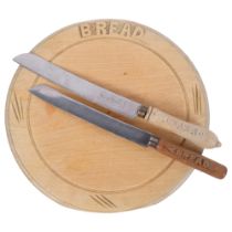 Vintage carved wood breadboard, 30cm, and 2 break knives, Carved "Bread"