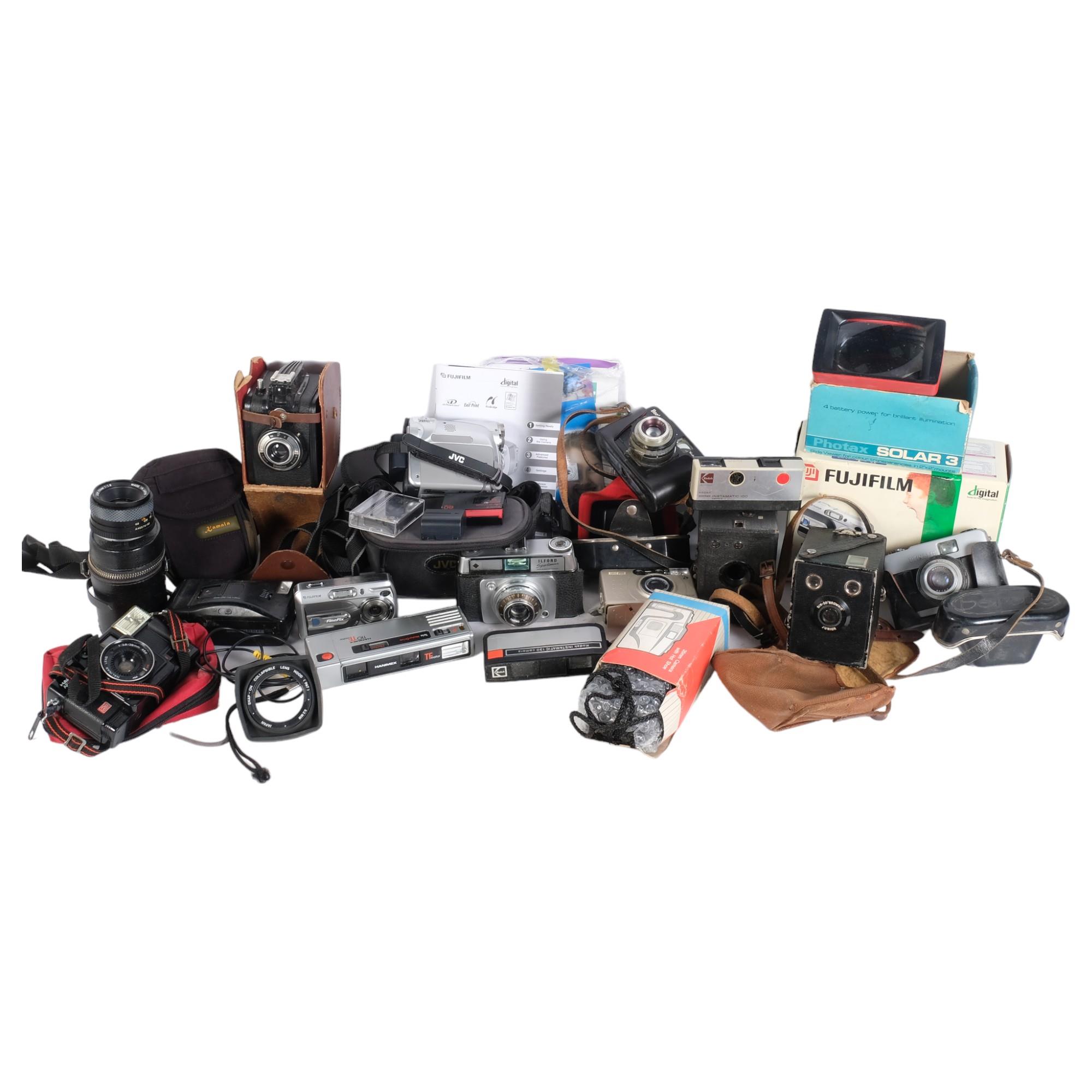 A quantity of various cameras and associated equipment, including a Fujifilm Finepix A330, a Hanimex