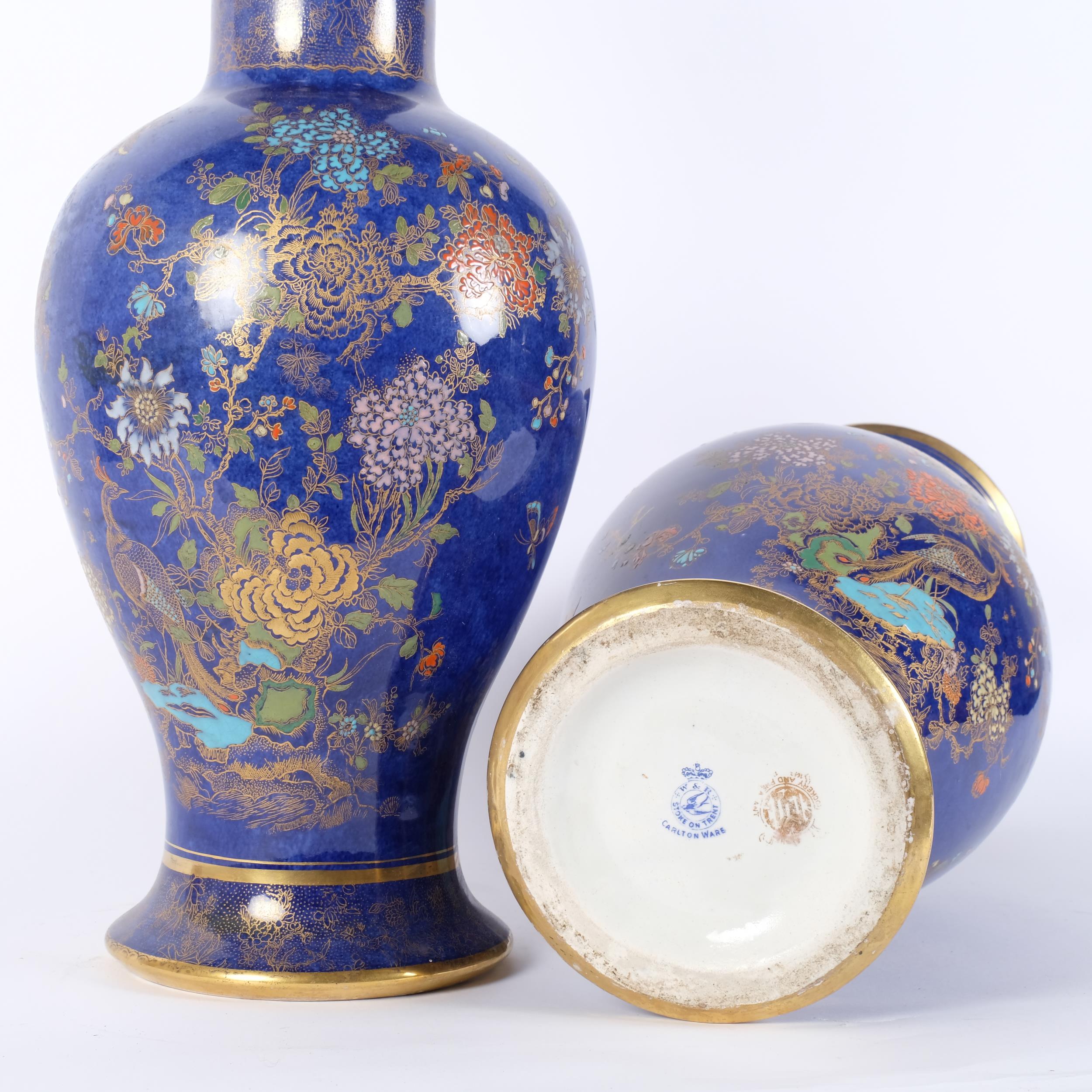 A pair of Carlton Ware "Kang He" baluster vases, blue ground in Rockery & Pheasant pattern with - Image 2 of 2