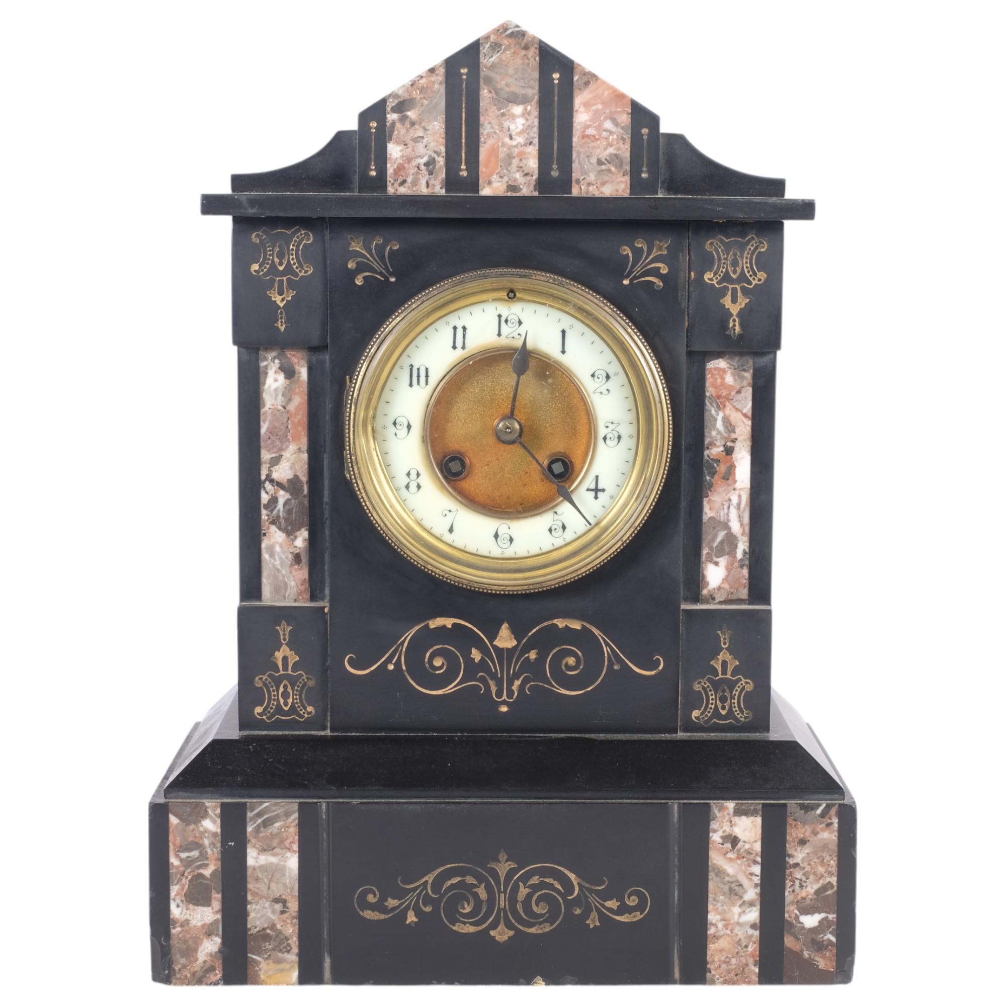 A slate and coloured marble-cased 2-train mantel clock, H35cm