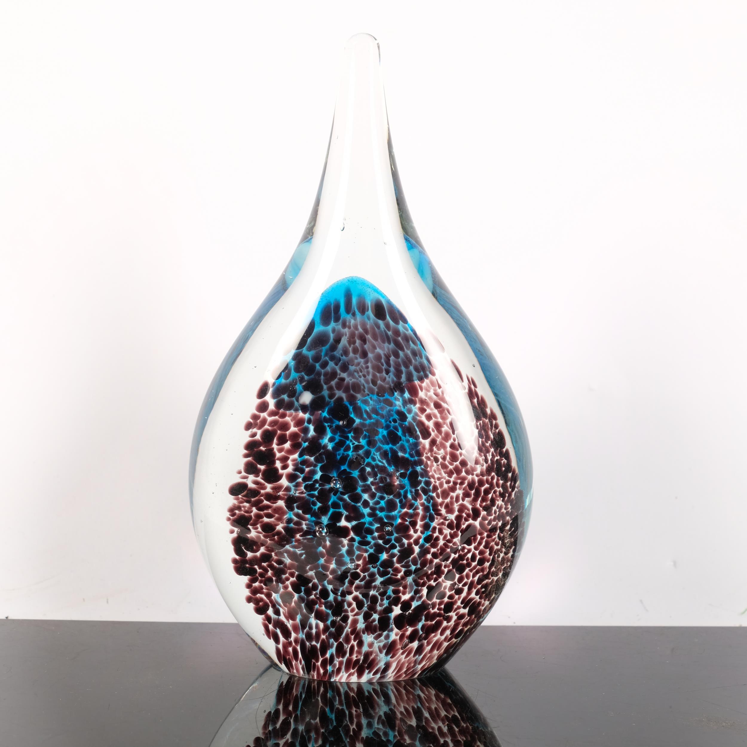 An elongated hand made glass paperweight, with internal blue jellyfish on spotted amethyst - Image 2 of 2