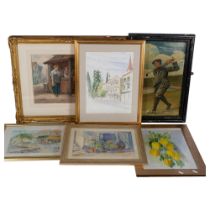 J D Watson, watercolour, the village smithy, gilt-framed, oil on board, study of Jock Hutchinson,