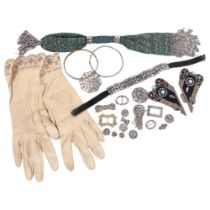 A pair of Victorian kid gloves with decorated cuffs, a beadwork miser's purse, cut-steel and