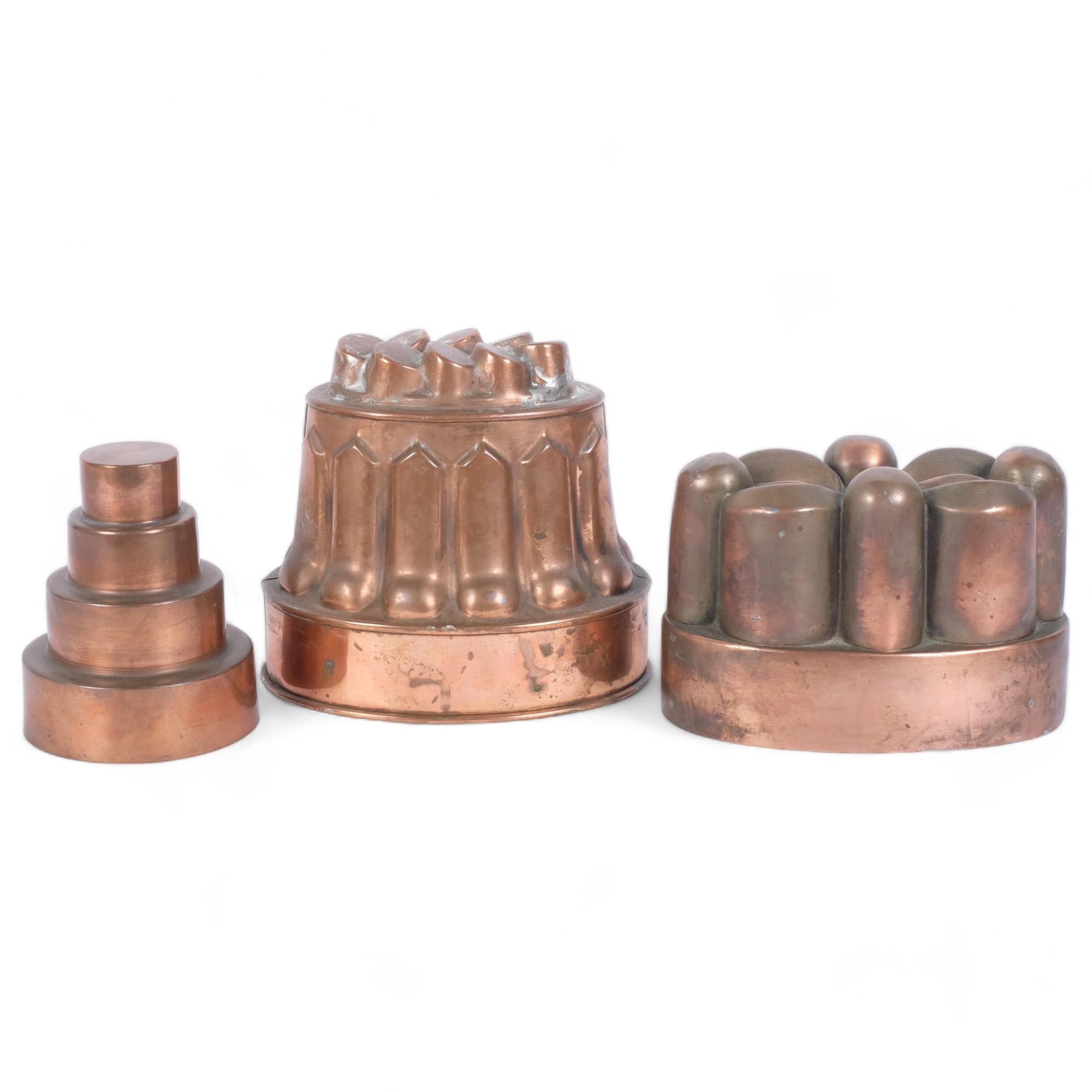 3 Vintage copper and tin jelly moulds, tallest 15cm