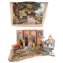 A box of various items, including a ceramic Indian elephant, prints, needlework panels, etc (boxful)