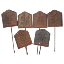 A set of 6 Antique painted cast-iron herb markers - Sage, Rosemary, Oregano, Thyme, Parsley and