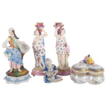 Pair of Continental porcelain figure candlesticks, H25cm, an Italian box with butterfly