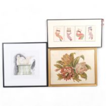 Framed Antique floral embroidery, 45cm x 35cm, overall, framed 1930s(?) cards in single frame,