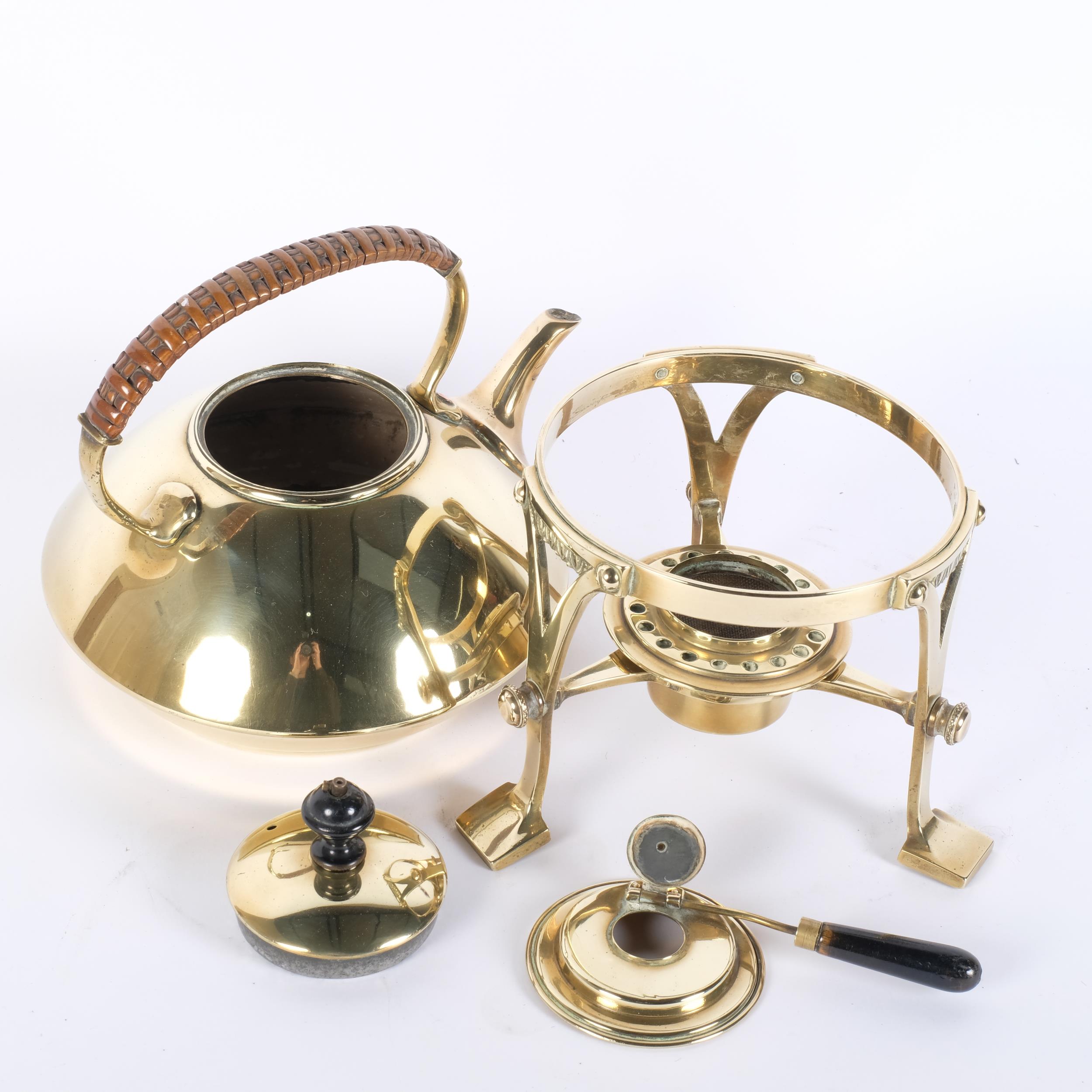 A 19th century Aesthetic Movement brass spirit kettle, in the manner of Christopher Dresser, H28cm - Image 2 of 2