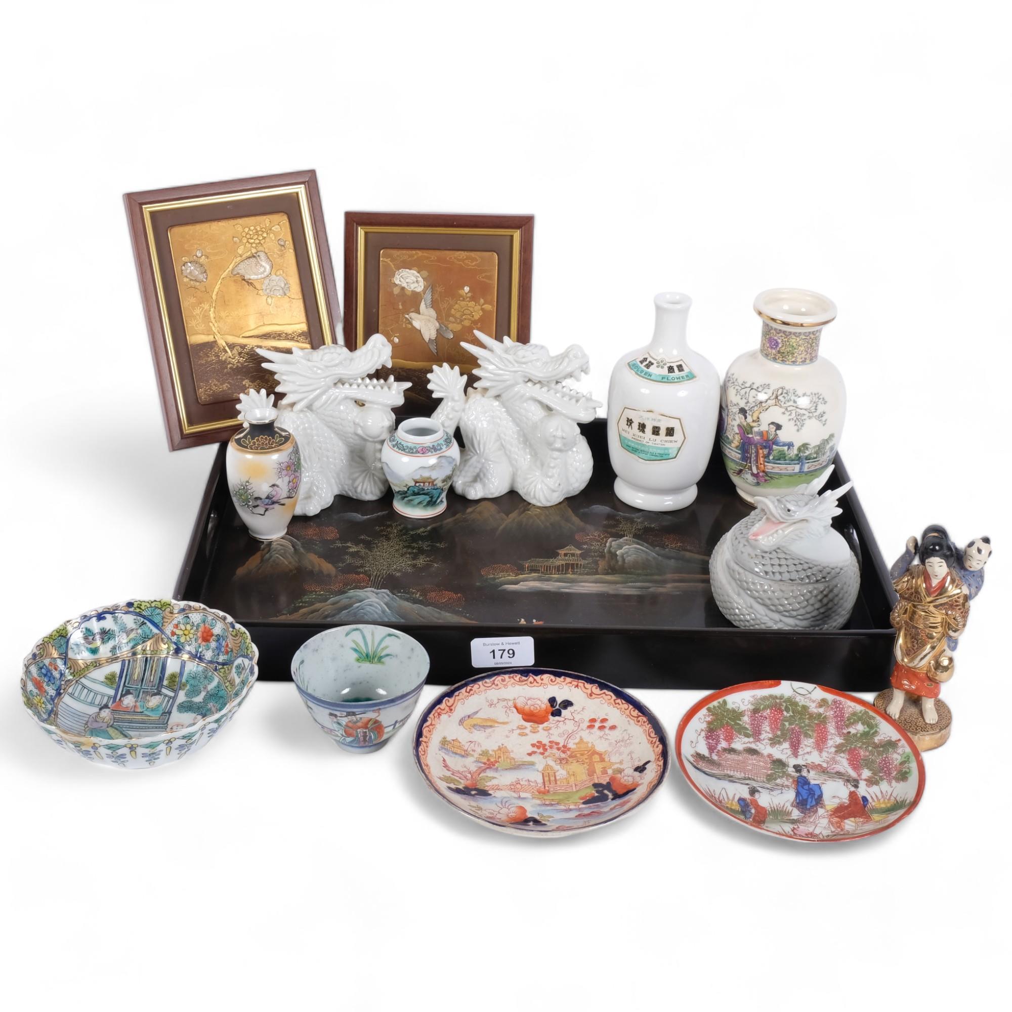 A group of Oriental items, including a rectangular lacquered 2-handled tray, Oriental vases, 2