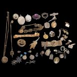 A tray of mixed silver gilt-metal and other jewellery, lockets, earrings, Damascene panelled