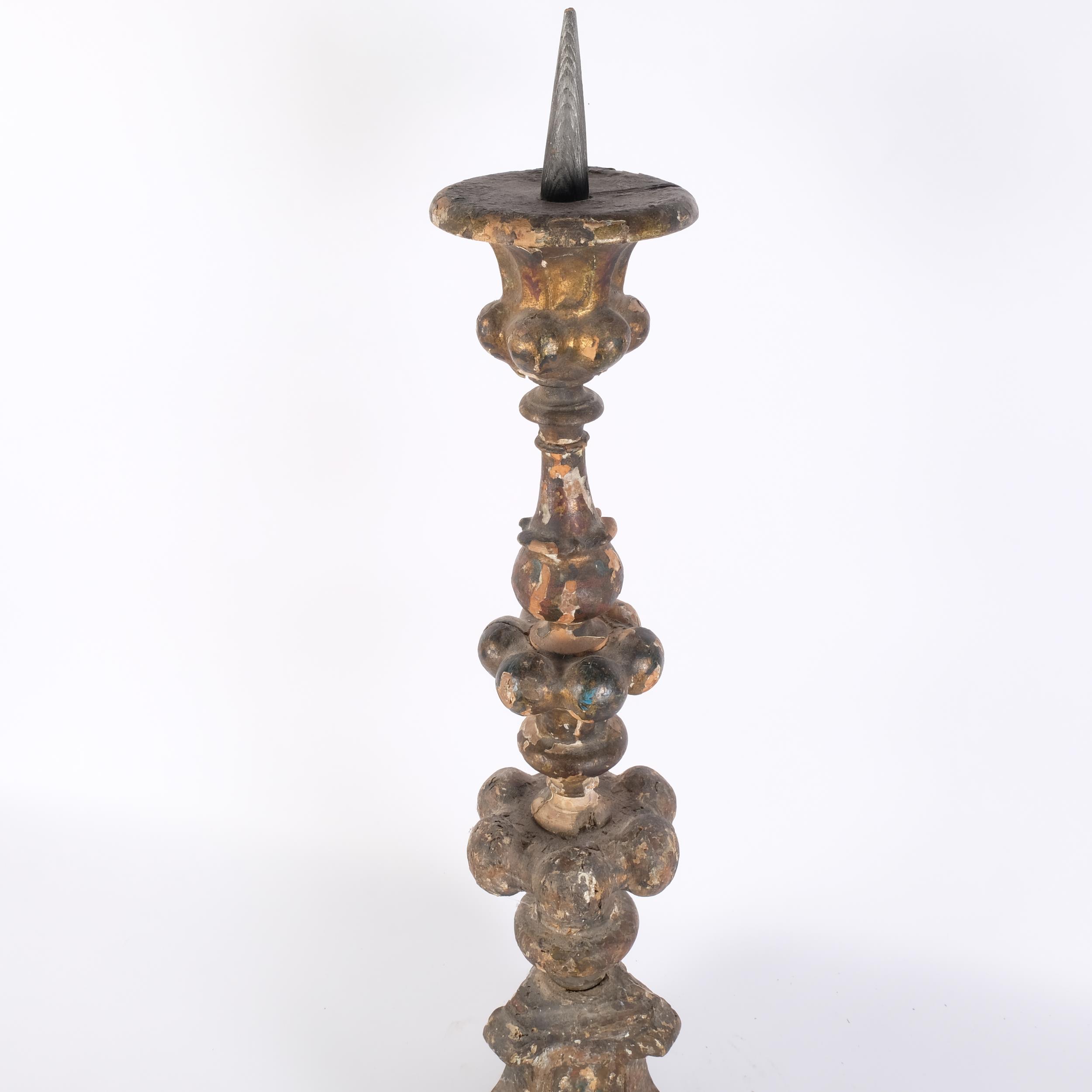 19th century Italian giltwood and gesso pricket candlestick, H75cm - Image 2 of 2