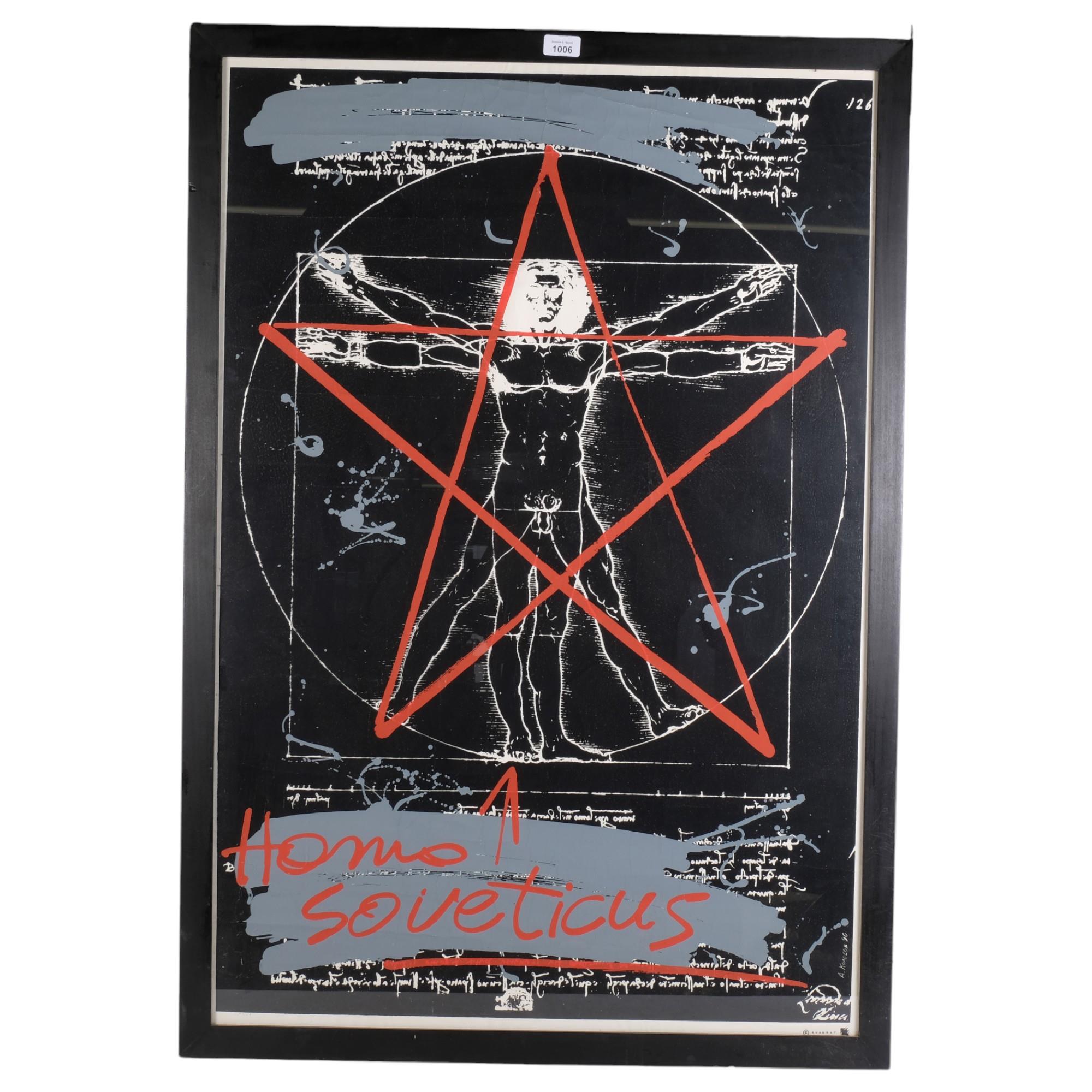 A Vintage poster "Homo Soveticus", copyright Kvadrat, 109cm x 76cm overall, framed, and another