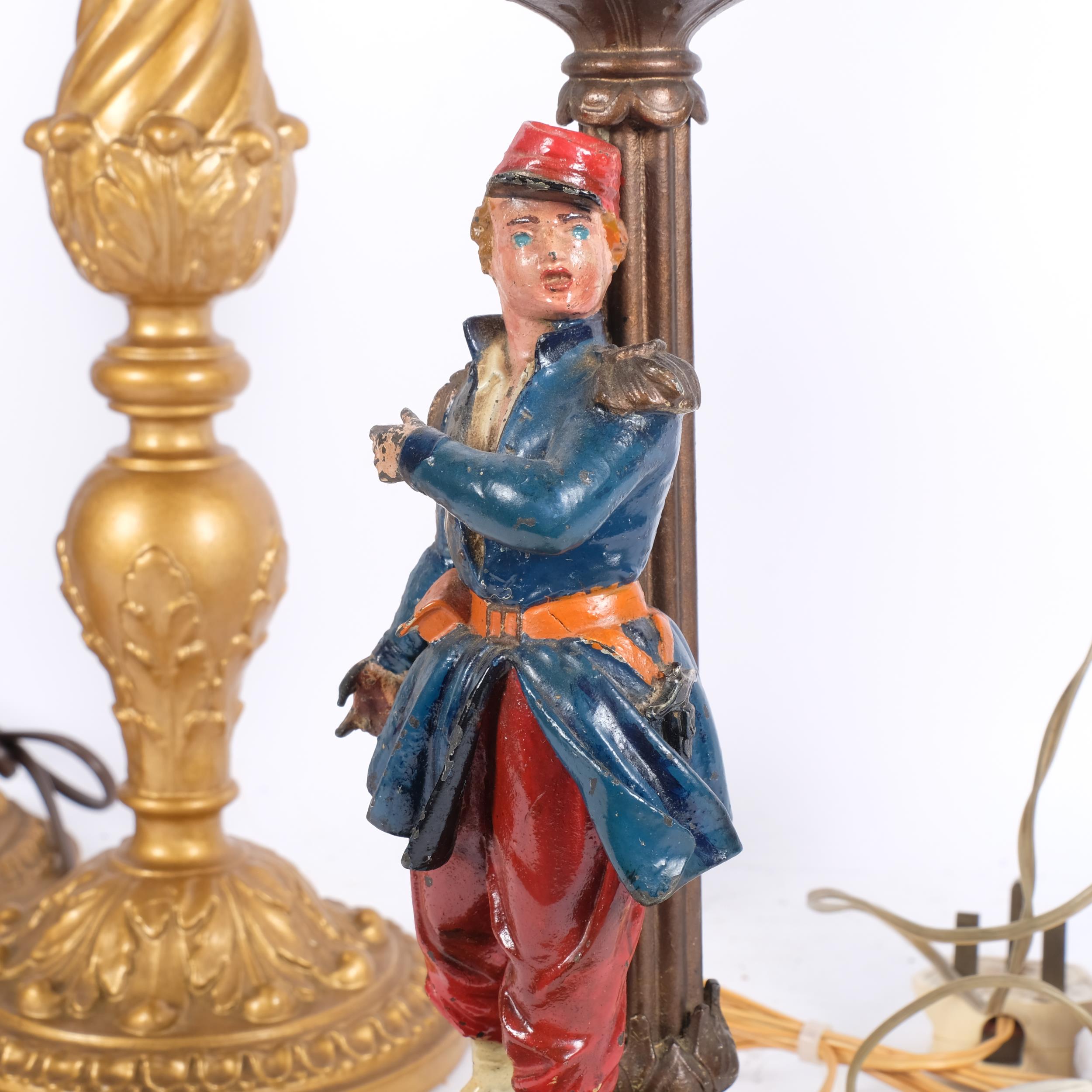Vintage wooden table lamp supported by painted metal figure, H31cm, a pair of gilded lamps, and 2 - Image 2 of 2
