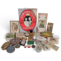 A trayful of Antique and Vintage decorative card boxes and tins, some with contents including